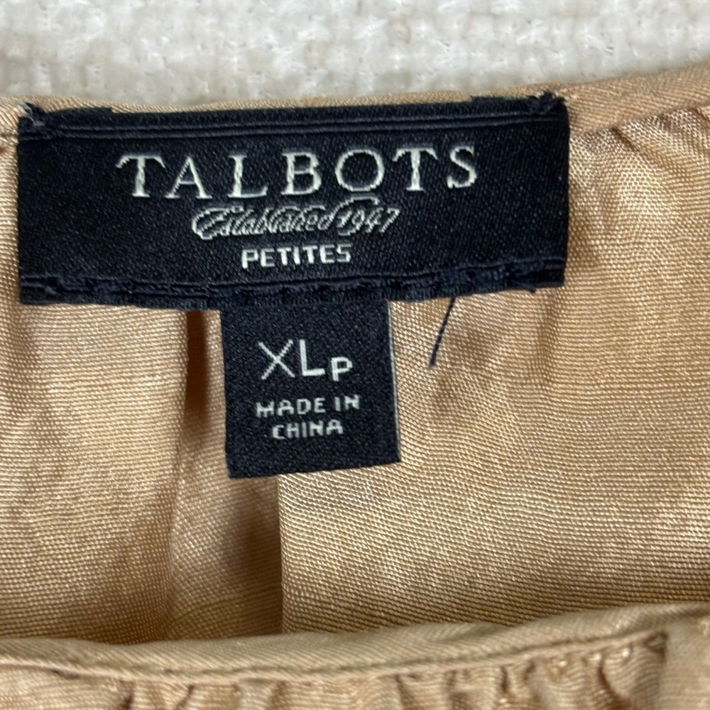 Talbots Petites XL Petite 100% Silk Blouse Tan Gold Puff Sleeve Scoop Neck Top - Picture 2 of 8